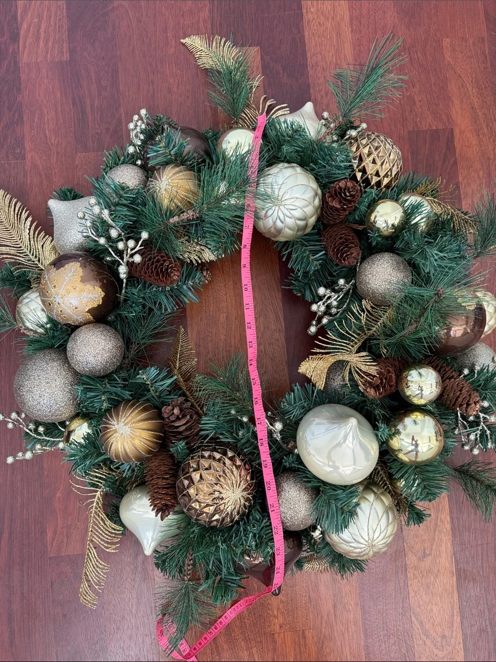 Holiday Pine Wreath with Gold and Green Ornaments